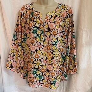 Banana Republic Floral Women's Top - Teal, Orange on Black with 3/4 sleeves.